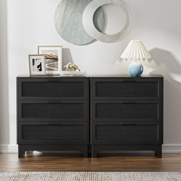 Ebern Designs Paison 35" H Black Rattan Dresser, Farmhouse 3 Drawer ...